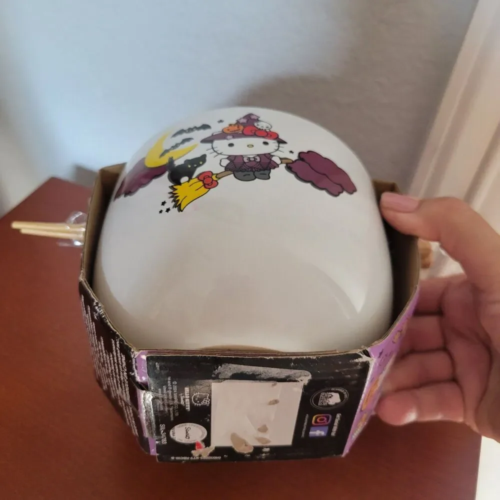 Hello Kitty Fall Halloween Ramen Bowl Pair Chopstick Witch Bats Black Cat Broom